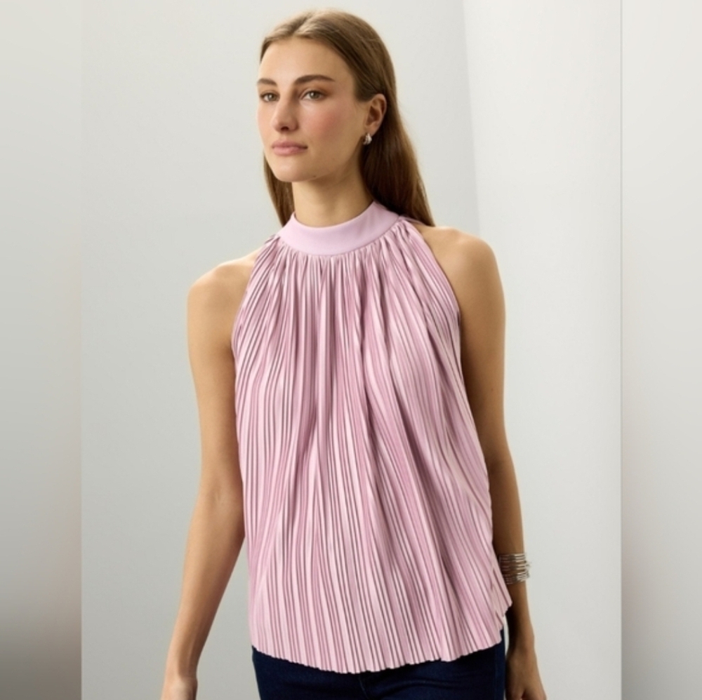 Atlein Mauve Plisse Top In Pink Turtleneck Sleeveless Size 4
